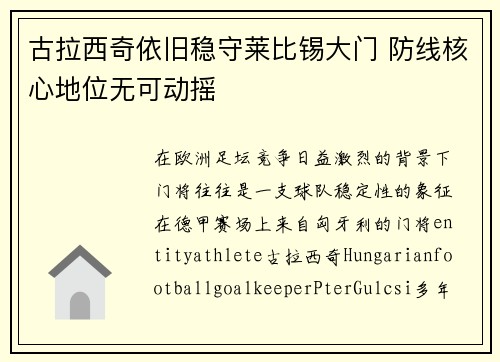 古拉西奇依旧稳守莱比锡大门 防线核心地位无可动摇 古拉西奇依旧稳守莱比锡大门 防线核心地位无可动摇